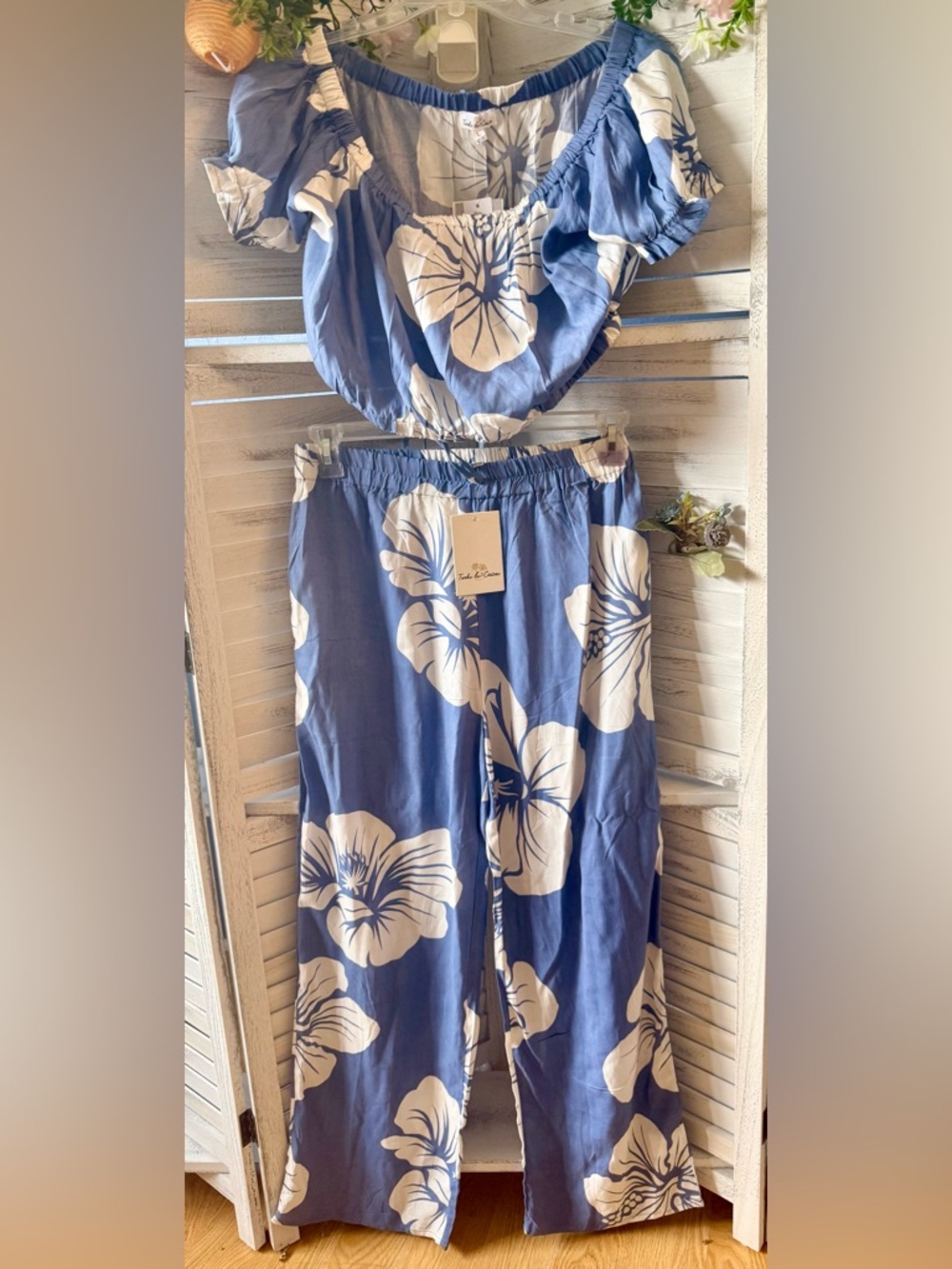 Boho Tropical 2Pc Set L Blue Floral Off Shoulder Straight Leg Resort Cruise Sexy